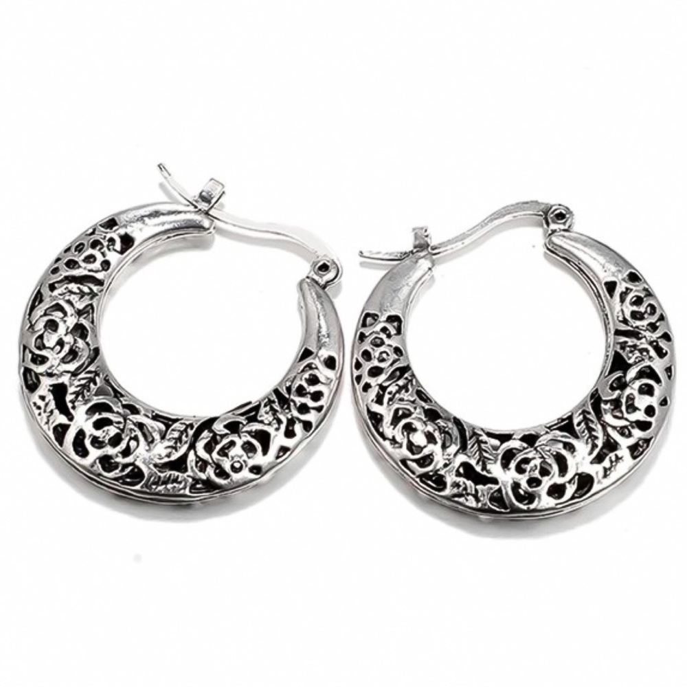 Silver Filigree Boho 3D Lever Top Hoop Earrings - Picture 7 of 9